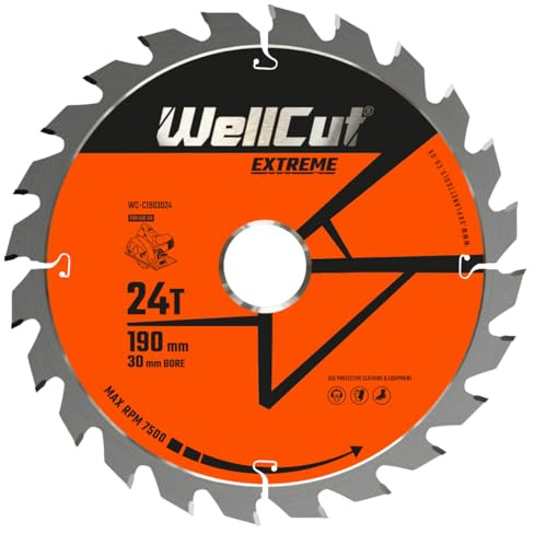 WELLCUT TCT Saw Blade, Circular Saw Blade, 190mm x 24T x 30mm Bore Suitable for HS7601J, HS7100, 5704, Wood, Wood with Nails, Laminate, Plastic