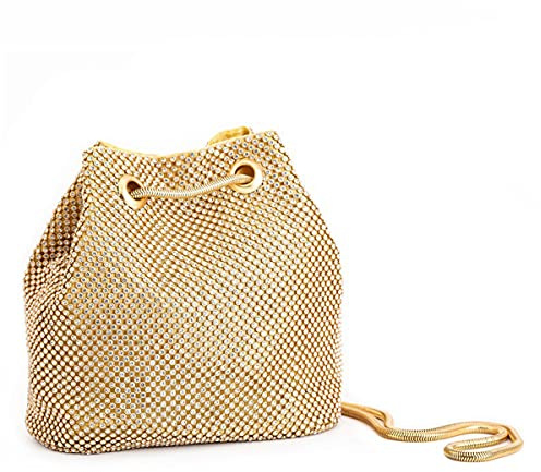 Bolso de Noche de Lujo Bolso Fiesta Mujer Platead Bolso de Hombro Mujer Glitter Diamond Embrague Mano Cadena de Encogimiento para Boda/Fiesta/Baile-Dorado
