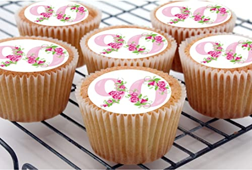 24 90th Birthday Pink roses Toppers Iced/Icing Cupcake Topper Edible Fairy Cake Bun Frosting Round