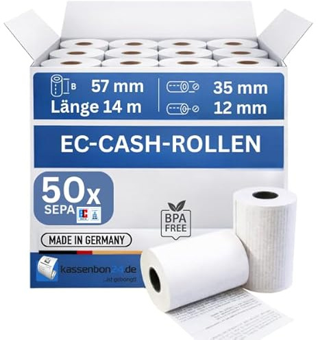 Kassenbon24.de EC-Cash Rollen 57mm x 14m x 12mm – 50 Stück BPA-frei mit SEPA-Aufdruck | EC Rollen für Kartenterminal Ingenico Verifone | Thermorollen Kassenbonrollen 48g/m²