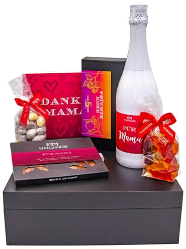 Hallingers Genuss Manufaktur Feinkost Muttertagsgeschenk-Set - XXL-Geschenkkorb Muttertag pink großes Mitbringsel Schokolade, Pralinen, Sekt, Tee, Nougat & Gummibären, Geschenkidee für Mama Oma