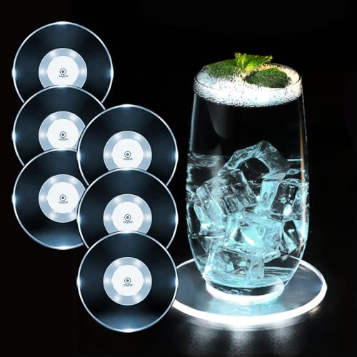 MEDOYOH 6er-Set Kühle Weiß LED Untersetzer für Getränke, ON/Off Wasserdicht Rund Untersetzer Acryl für Gläser Flaschen Partys Hochzeiten Bar Weihnachten Pub
