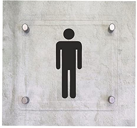 CARTELLO IN PLEXIGLASS SEGNALETICO - Toilette UOMO - Con Distanziali in acciaio inox e Stampa U.V. (20X20 CM)