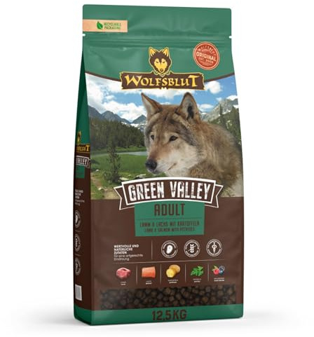 WOLFSBLUT – Green Valley Adult | Trockenfutter mit natürlichen Zutaten und Superfoods für ausgewachsene Hunde. Getreidefreies Alleinfutter ohne Zusatzstoffe im Beutel | 12,5kg Lamm und Lachs