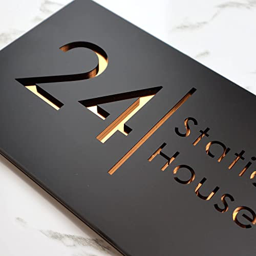 K Smart Sign | Bellissima H2 | Laser Cut Matt Black & Copper Mirror Floating House Sign Plaques Address Door Numbers | 300mm x 160mm