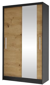 Mirjan24 Armoire Margite VI avec miroir, tringle à vêtements et 5 compartiments, armoire de chambre à coucher, armoire de couloir, armoire de vestiaire, armoire à portes coulissantes (noir/chêne