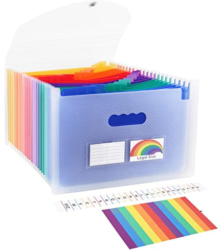 Uquelic Accordion File Organizer, Legal File Folder with 24 Pockets, Expanding File Folder with Color Index& Elastic Strap, A4 Document Folder for Receipt, Bills, Important Documents (Clear)