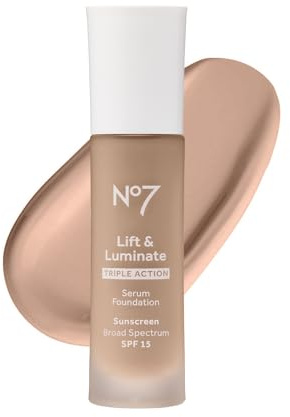 No7 Lift & Luminate Triple Action Serum Foundation - Liquid Makeup with SPF 15 for a Dewy, Glowy Base - Radiant Formula for Mature Skin - Cool Vanilla (1 Fl Oz)