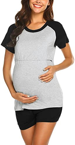 Hosen-Set Ärmel T Frauen Set Tops Baby Stillen Shirt Nachtwäsche Umstands-Pyjama Kurz und Hose Mutterschaft Schlaf Schwangerschaft Kleidung, Schwarz , 38