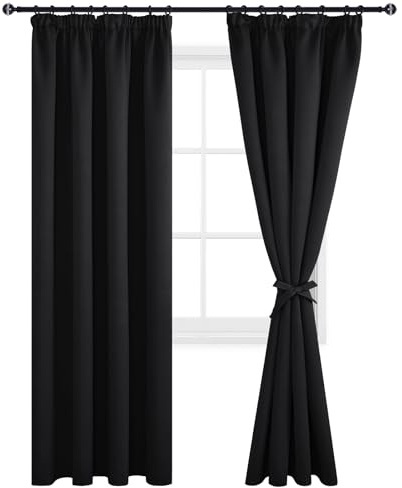 DWCN Vorhang Blickdicht Verdunkelungsgardinen mit Kräuselband 2er Set | H260 x B140 cm, Schwarz, Vorhänge Wohnzimmer mit Vorhang-Krawatten, Wärmeisolierende Schlaufenschal Thermovorhang Kälteschutz