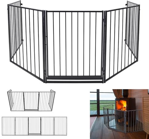 YRHome Barrière de protection de cheminée pliable avec porte de sécurité, 305 cm, 5 pièces, pour enfants et chiens, noire