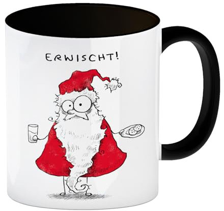 Weihnachtsmann am Naschen Kaffeebecher in schwarz mit Spruch Erwischt lustiger Weihnachtsmann Kaffeebecher in schwarz Weihnachtsmotiv Tasse Weihnachten Comic Kaffeetasse Stil
