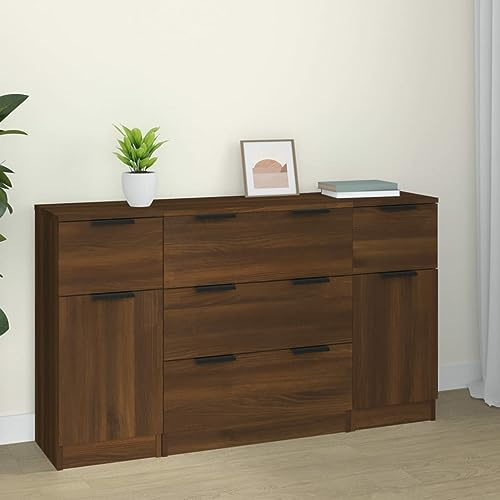 TANZEM Set de Aparador 3 Piezas Madera Contrachapada Roble Marrón, Mueble Salón Comedor, Armario Auxiliar