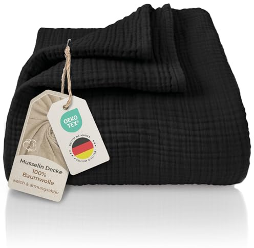 LAYNENBURG Premium Musselin Tagesdecke 220x240 cm XXL - 100% Baumwolle - extraweiche Baumwolldecke als Kuscheldecke, Bett-Überwurf, Sofa-Überwurf, Couch-Überwurf - warme Sofa-Decke (Schwarz)