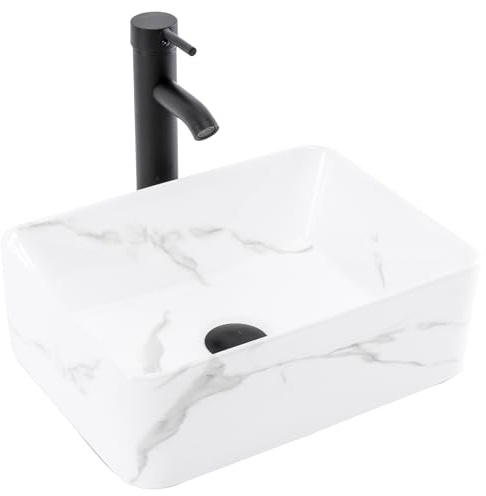 KGAR Bathroom Vessel Sink Combo with Faucet and Pop-up Drain, 16 x 12 Rectangular Porcelain Ceramic Basin with White Marble Pattern, Above Counter Sink for Vanity