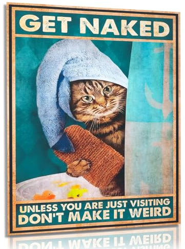 Dazzlewall Lustige Katze Wandbilder Katze in einer Duschhaube, Vintage Leinwand Bilder für Badezimmer Toilette Deko 30x40 cm Ohne Rahmen