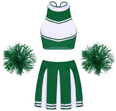 MSemis Damen Cheerleading Kostüm Cheer Leader Uniform Karneval Fasching Party Halloween Kostüm Kleid Minirock mit Crop Top M Grün L