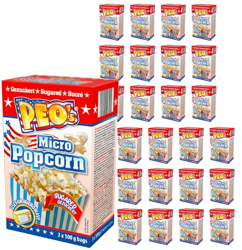 Peo's Mikrowellen Popcorn - Gezuckert - 72er Vorteilspack, 24 Schachteln mit 3 x 100g Inhalt, Popcorn Mais süßigkeiten für die Karneval, Party, Filmsnack, Kinoabend