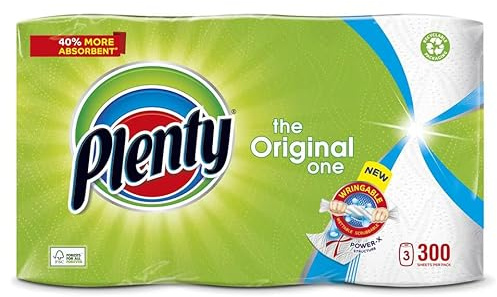 Plenty Küchentuch, 300 Blatt, 3 Rollen – saugfähige, langlebige und umweltfreundliche Papierhandtücher für die tägliche Reinigung – Power X-Struktur mit 40 % mehr Saugfähigkeit