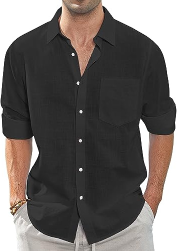 J.VER Leinenhemd Herren Langarm Leichtes Sommerhemd Einfarbig Business Freizeithemd Party Club Reisen Alltägliche Leinen Shirt mit Taschen