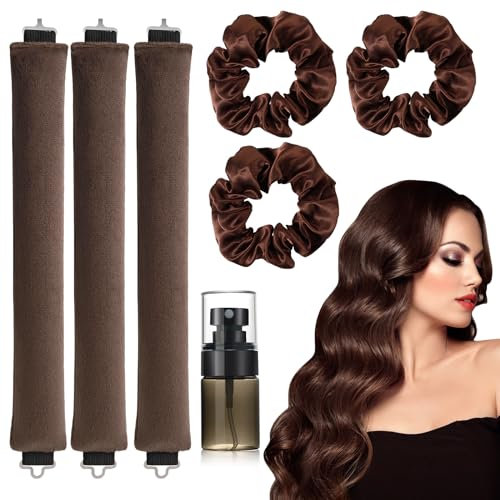 3 Stück Locken Ohne Hitze Heatless Curls Band Set Overnight Blowout Silk Lockenwickler über Nacht DIY Haare Lockenband Frisurenset hair curler no heat für Alle Haartypen Langes Mittleres Haar (Braun)