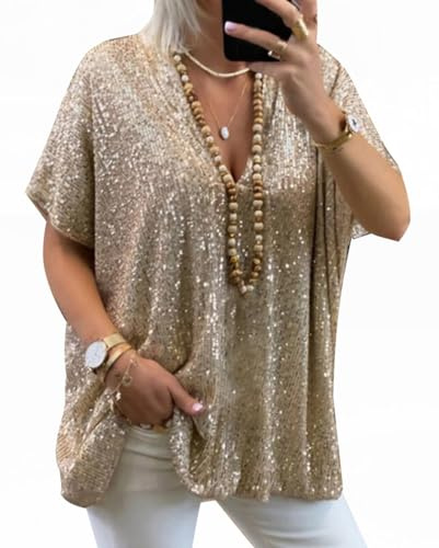 Minetom Donna Maglietta Elegante Paillettes Oversize Camicette Camicia Manica Corta Scollo V Blusa Tops A1 Oro 3XL