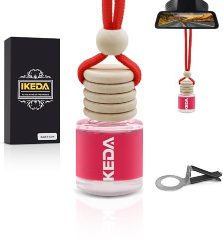 Ikeda Car Air Freshener Hängend, 45 Tage Lang, Mit Clip & Edlem Glas, Fruchtige Düfte (Kaffee, Beeren, Zitrone), Duftbaum für Innenraum, 10 ml, Kaugummi