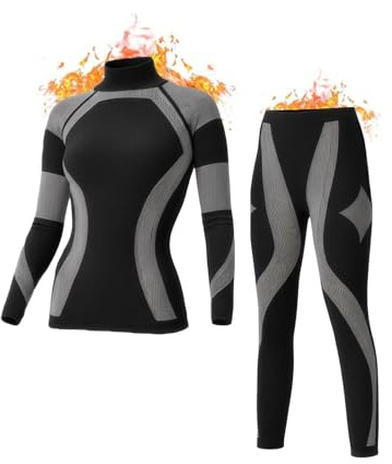 Inno Functional Wear Seamless Thermal Underwear for Women Pj Set Workout Ski Warm Base Layer Cold Weather Yoga Top Bottom, Black, X-Large