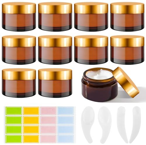 Hengxinc 10 Pcs 30ML Amber Glass Jars With Lids, Cosmetic Pots Glass, Brown Glas Jars With 10 Makeup Spatula And 1 Sticky Labels, Cosmetic Container Reusable, Cream Jar For Cosmeti Creams Lotions