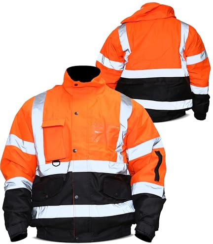 Mega_Jumble Men's Hi Vis Jacket Hi Viz Safety Security Work Wear Bomber Jacket Reflective Protective Waterproof Windproof Jacket With Concealed Hood (UK, Alpha, L, Regular, Regular, Orange/Navy)
