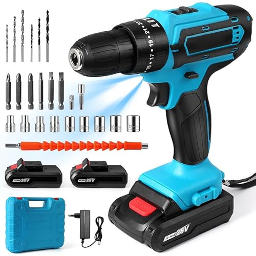 Akku-Bohrmaschine 28V,Akku Bohrschrauber mit 2 Akkus 2.0Ah, Leichte Bohrmaschine, 24tlg Zubehöre Set für Haus und Garten DIY Projekt (Blau) ﻿