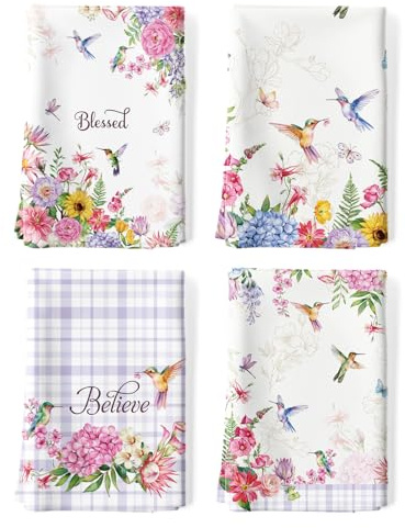 Arquiel Frühling Blumen Geschirrtücher 100% Baumwolle 4er-Set 48 x 70 cm | Geschirrtücher aus 100% Baumwolle, Motiv: Frühling Blumen Vögel; saugfähig und pflegeleicht zum Abtrocknen in der Küche.