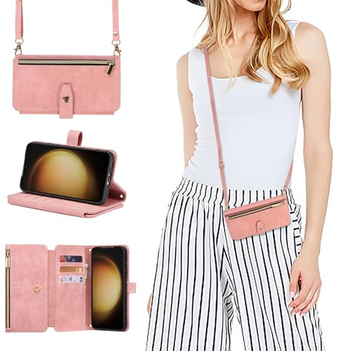 ZCDAYE Case for Samsung Galaxy S25, Premium Leather Wallet Phone Cover with Long Lanyard Holster Flip Cases for Samsung S25, Rose Gold