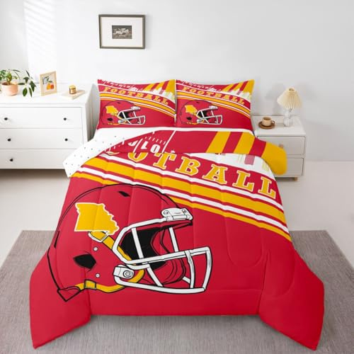 Erosebridal Football Lovers Twin Bedding Sets, Gridiron Sports Decor Comforter Set for Boys Girls Teens Red and Yellow Football Seasonal Color Rugby Helmet Duvet Insert 2 Pieces