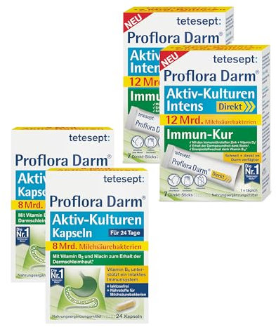 tetesept Proflora Darm-Aktiv-Kulturen Kapseln & Darm Direkt Sticks - Nahrungsergänzungsmittel mit Milchsäurebakterien - 2 x 24 Kapseln & 2 x 7 Sticks