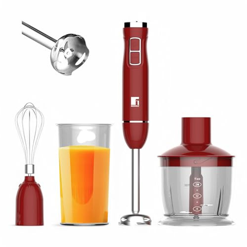 BERGNER MAROON | Mixeur à main 1000 W | 2 vitesses | Axe amovible en acier inoxydable | Hachoir 600 ml | Batteur et verre doseur 600 ml | Dôme anti-éclaboussures | Haute performance