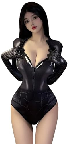 Unibaby Kvinnors spindeltryck halloween underkläder anime cosplay one piece bodysuit superhjälte roll spela topp kostym (svart, en storlek)