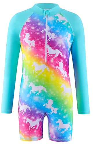 Atorcher Swimming Costume for Girls One Piece Swimsuit Rash Gurad Swimsuits Long Sleeve Swimwear Bathing Suit High Neck Swimwear (UK, Age, 5 Years, 6 Years, Regular, Cyan Unicorn)