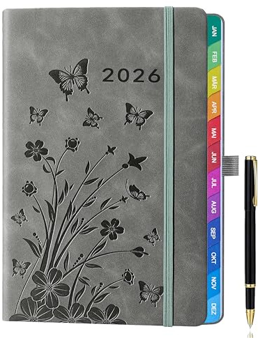 Kalender 2026 A5 – Wochenkalender, Terminkalender, Wochentimer & Wochenplaner (Jan – Dez 2026), mit Monatsübersicht, Notizseiten, Kontaktseiten und Stift, Hardcover Buchkalender – Grau