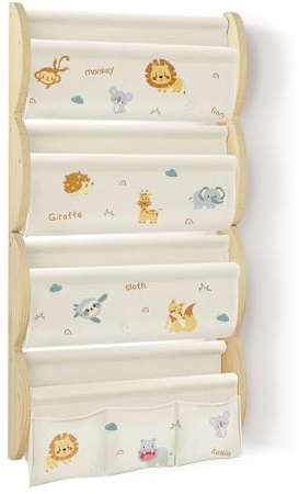 Bücherregal Kinder Wand Kinderbücherregal Montessori (Dschungel-Tiere) | 4 Ablagen & 3 Taschen Kinderregal Wandregal Kinderzimmer Regal Wellenförmig Massivholz