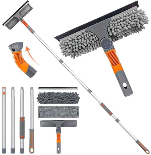 Bingobang 1.62M Window Squeegee Cleaner Kit with Telescopic Pole, 2-in-1 Long Extendable Window Cleaning Equipment with Interchangeable Cleaning Cloth, Shower Washing Tool for Indoor Outdoor Car Glass