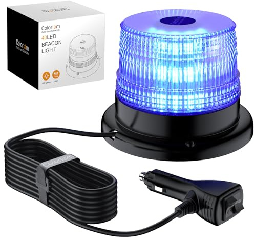 COLORLAM 40W Blue Flashing Beacon Light IP65 Waterproof & Magnetic 40 LED Emergency Warning Strobe with 10 Flash Modes Vehicle Beacon with E-Mark for Trucks Cars Emergency Vehicles 12V/24V