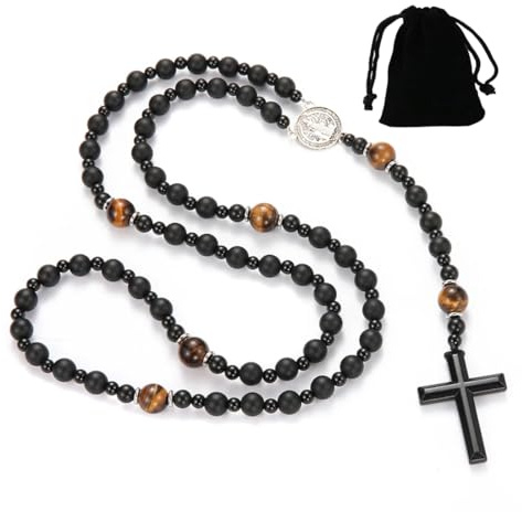 XUZWECP 1 PCS Rosario cattolico con borsa di flanella, collana uomo donna, pietra vulcanica nera naturale, medaglia, Nero