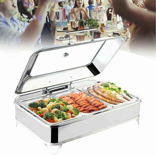 GUHPZA 9L Chafing Dish Buffet, Flaches Buffet Edelstahl Elektro Buffet Profi Mit Transparenter Glasabdeckung, Leicht Zerlegbar, Leicht Zu Reinigen, Einstellbare Tempe,B