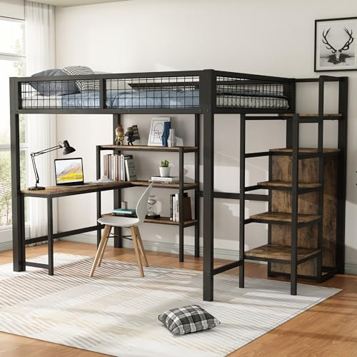 Merax Hochbett 140x200 mit Schreibtisch, Kleiderschrank, mehrere Regale, Metallbett Bettgestell mit Lattenrost (ohne Matratze) für Kinder/Erwachsene, Schwarz