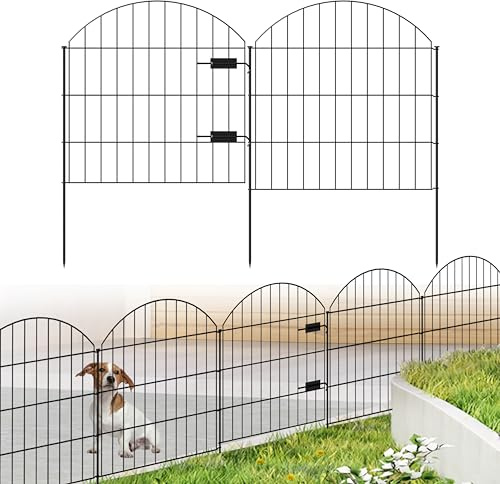 Clôture de jardin en métal avec portail, 71,1 cm de haut x 3,6 m de long, 1 portail + 4 panneaux de barrière anti-rouille, installation NoDig, bordure décorative et durable, finition noire