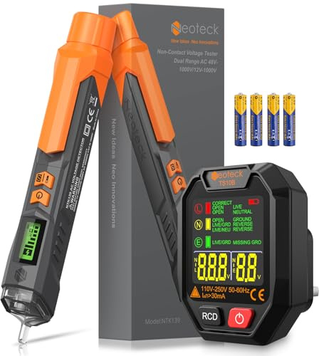 Neoteck Socket Tester with LCD Display & Non-Contact Voltage Tester Pen, 12–1000V AC Detector, GFCI Outlet Tester Kit, Wiring Fault Finder for UK Home & Professional Use