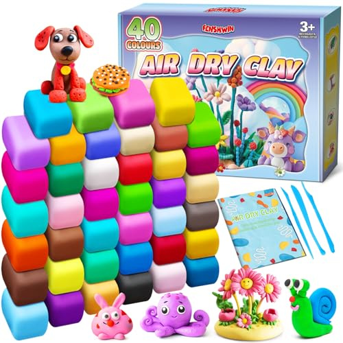 FENSHWIN Pate a Modeler - 40 Couleurs Argile Autodurcissante Pâte à Modeler Magique pour Enfants, Cadeau pour Garçons et Filles âgés de 3 à 12 Ans