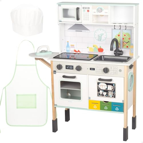WOOMAX Cucinino in legno, con luce e suono, forno, forno a microonde, Lavello, Ferro, Accessori, Cucina 60x30x97 cm, Gioco simbolico e immaginazione, Bambini dai 3 anni (39074)