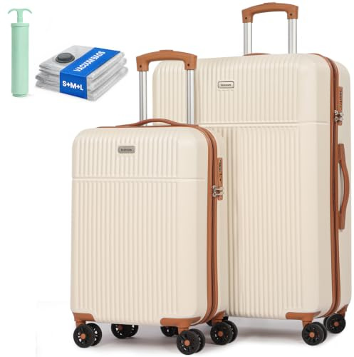 Tavoxda 2 Piece Luggage Set Hard Shell Travel Trolley with Durable 360° Spinner Wheels & Built in TSA Lock, Lightweight ABS Suitcase Set for Women & Men, 20 28 (White)